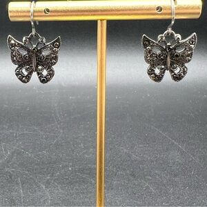 Vintage Silver Tone Butterfly Dangle Earrings Marcasite Style Sparkle